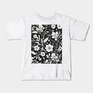 cottagecore botanical monochromatic black and white floral Kids T-Shirt